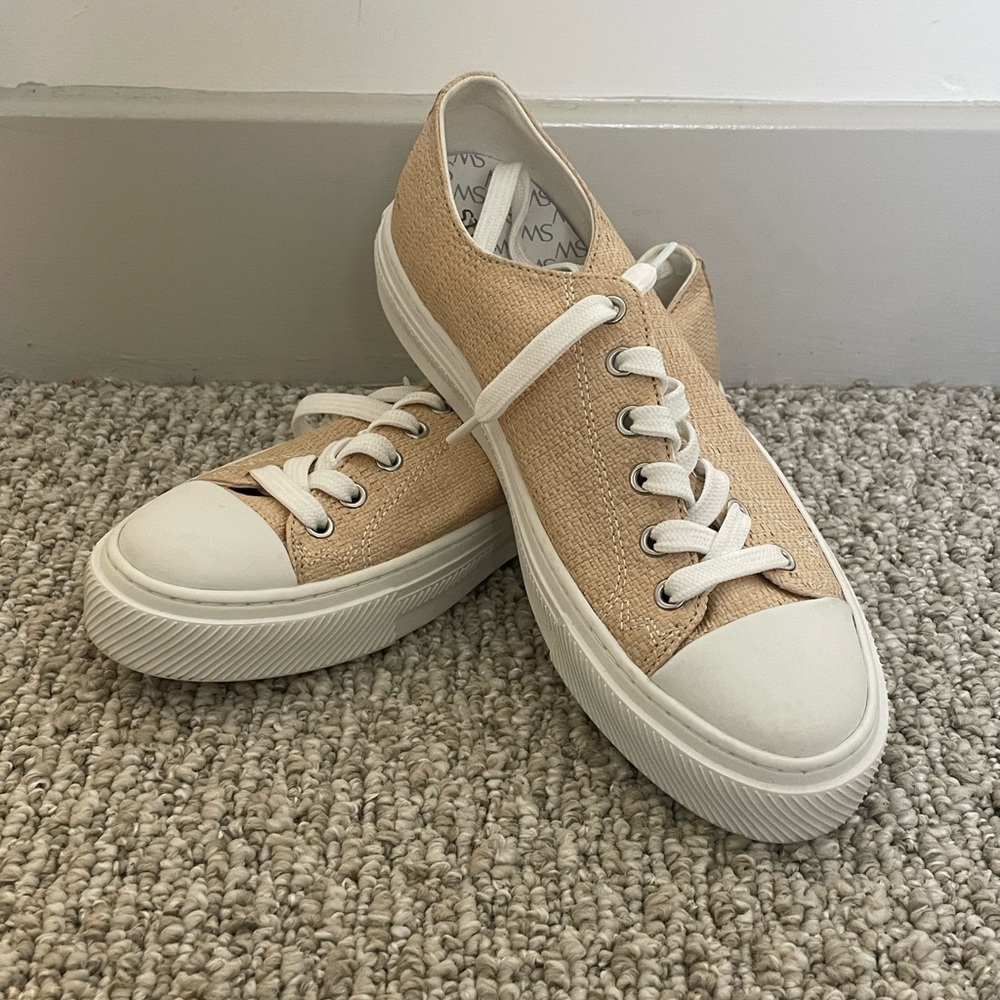 Stuart Weitzman Beige Canvas Sneakers with White Accents